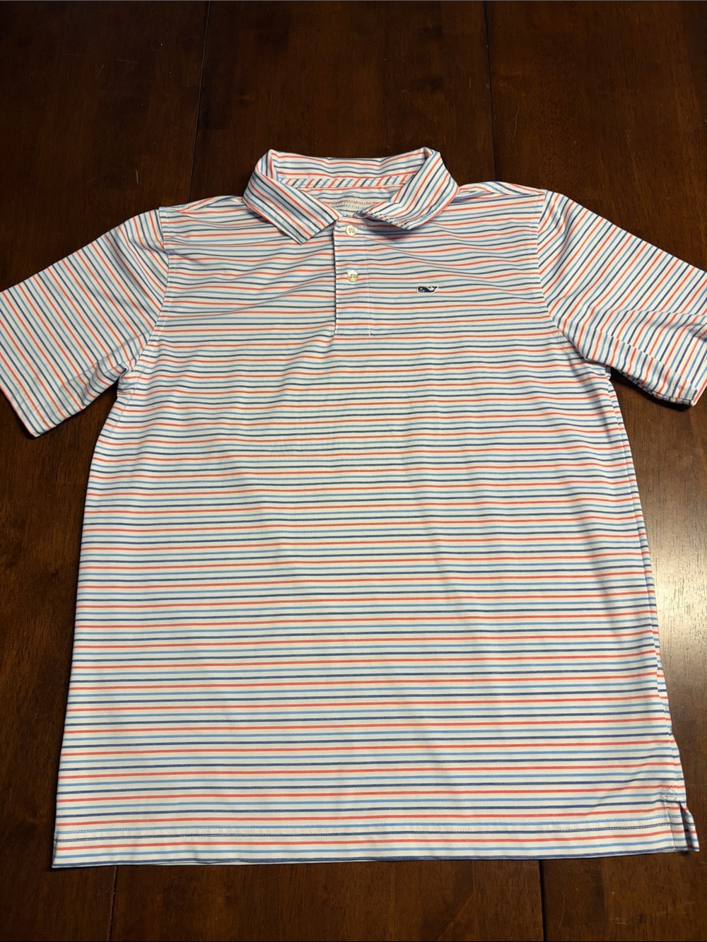 Vineyard Vines Boys White Performance Polo with Blue and Light Red Stripes